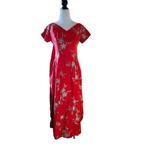 Red Vintage 60s Hawaiian Cotton Maxi Dress Kaftan Muumuu 70s Waikiki
